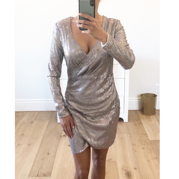 LAST 1! Silver Long Sleeve Sequin Surplice Dress S - Picture 3 of 8